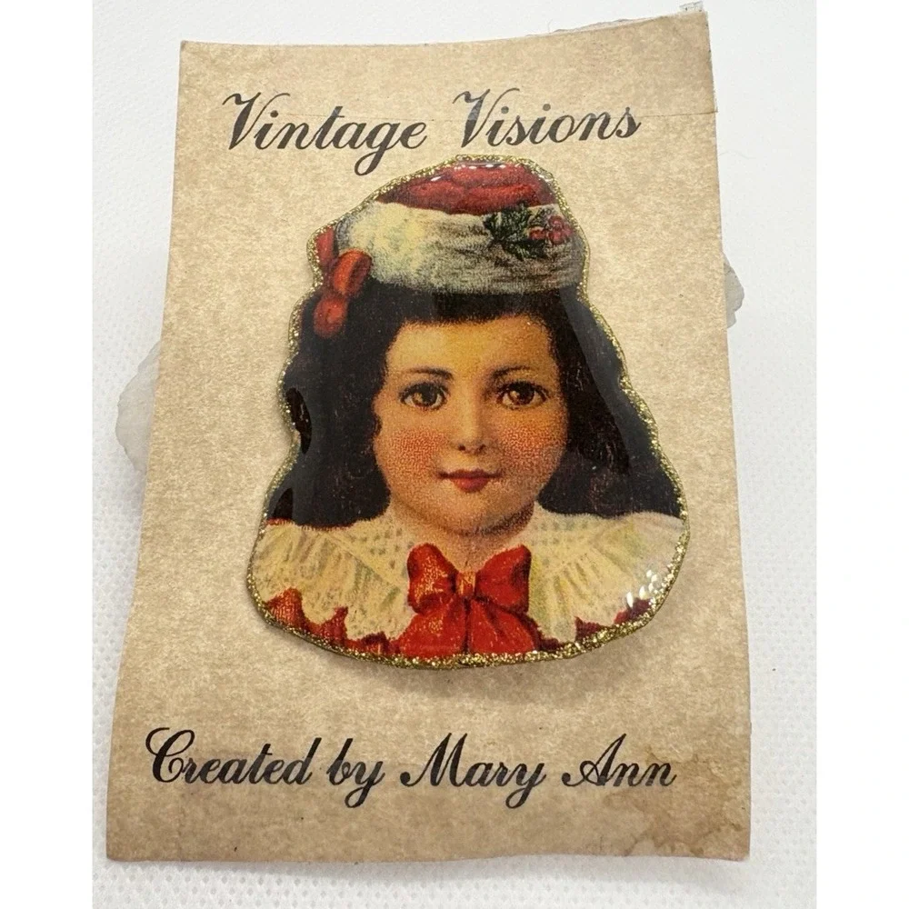 Vintage Visions Girl Christmas Brooch Pin Glitter Edge Signed Mary Ann Handmade